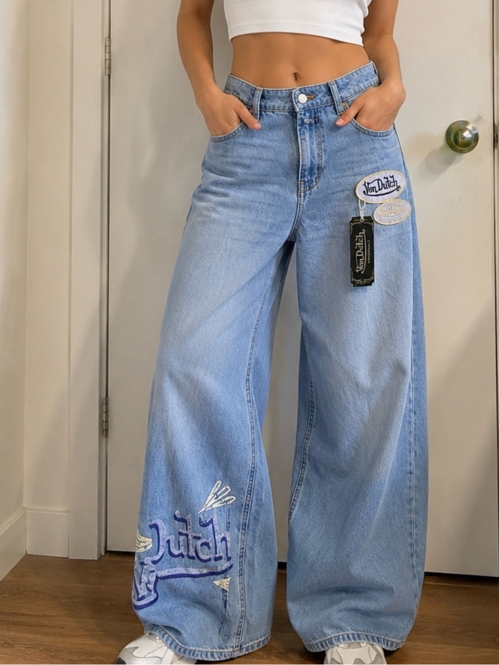 Von Dutch Light Blue Wide Leg Embroidered Jeans